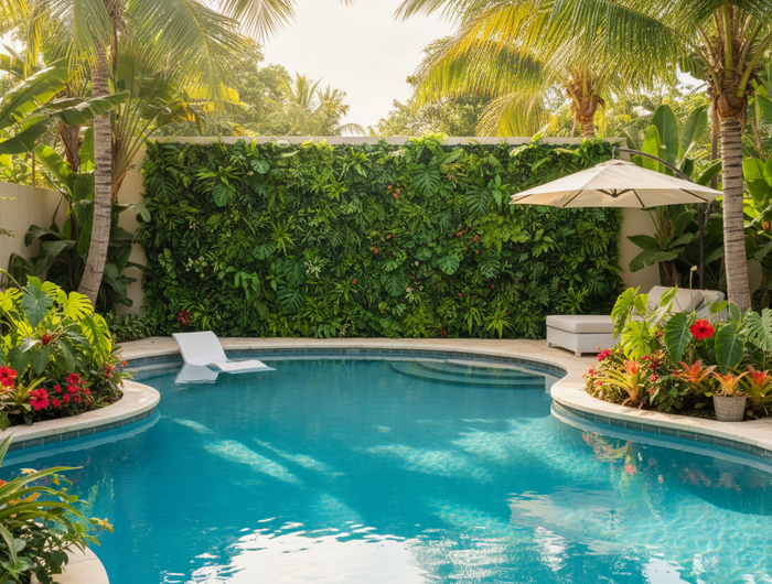 artificial green wall near nice pool in tropical backyRD